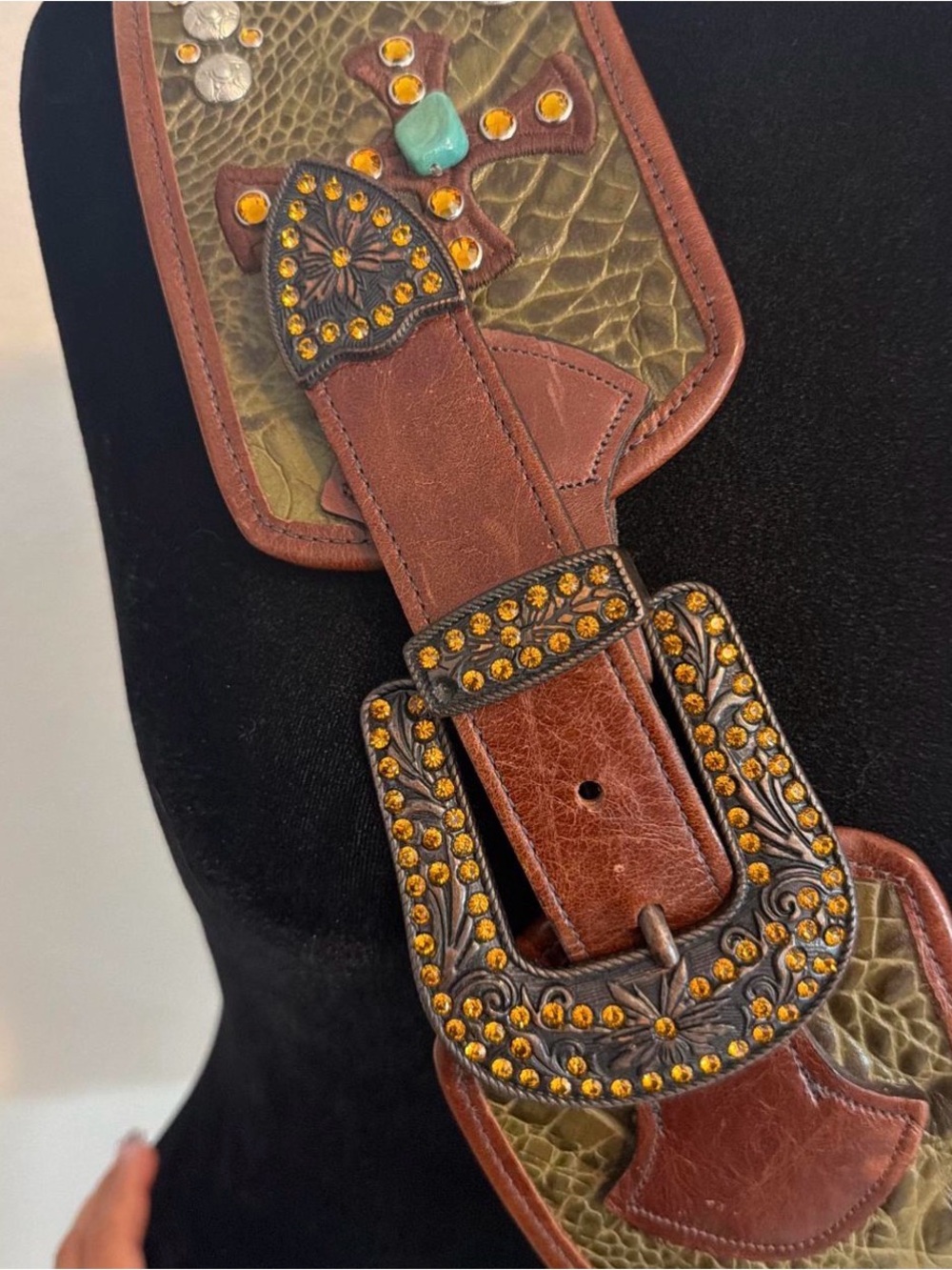 Kurtmen leather alligator belt studs crystals turquoise cross statement belt - Picture 15 of 16